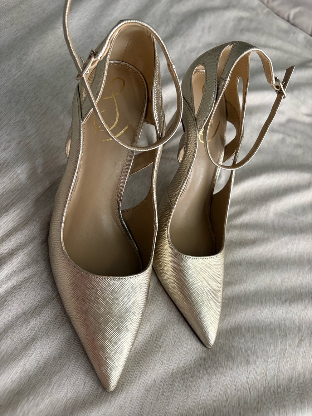 Sam Edelman Metallic Gold Pointed Toe Ankle-Strap Heels